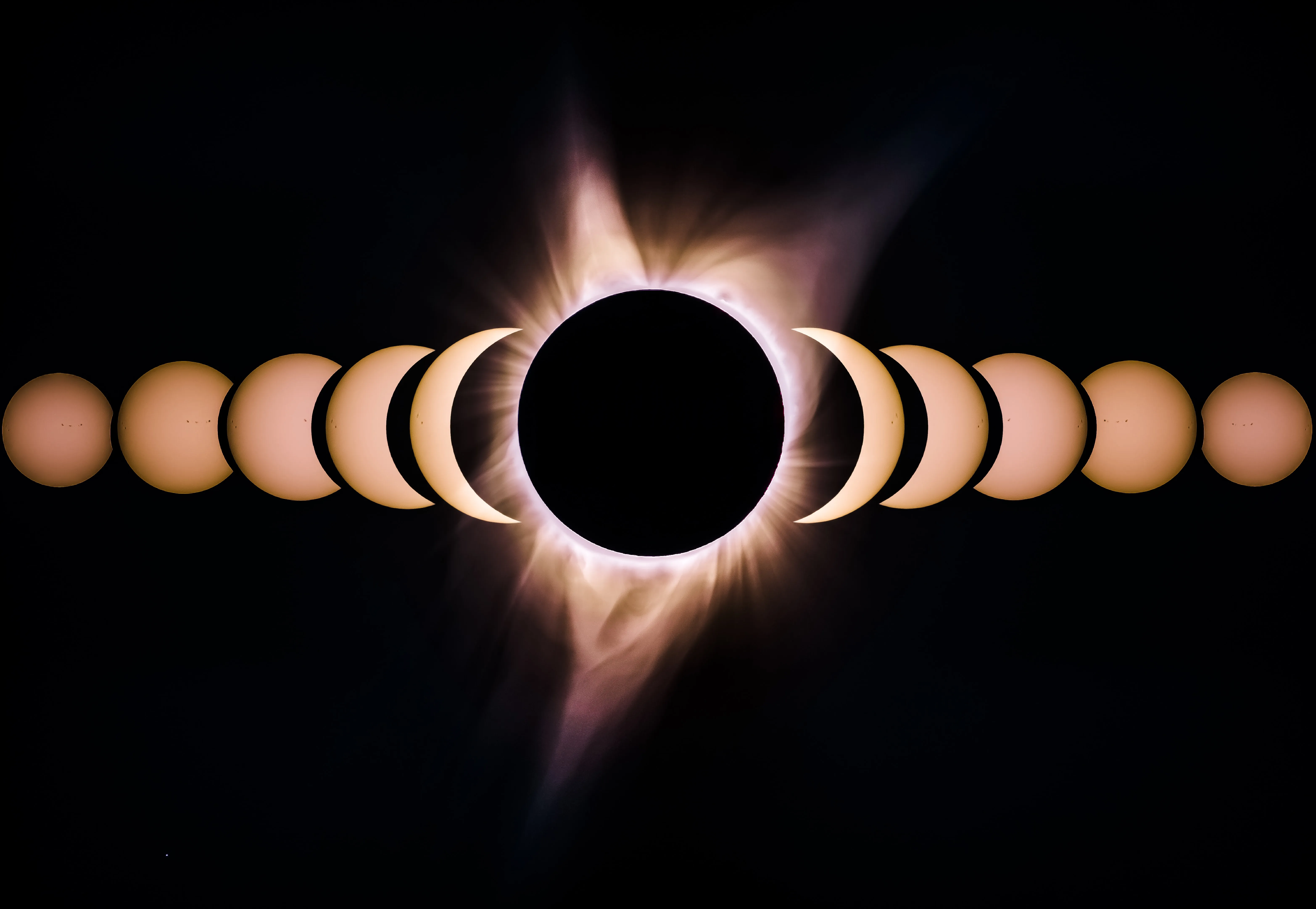 A composite of pictures showing the phases of a solar eclipse