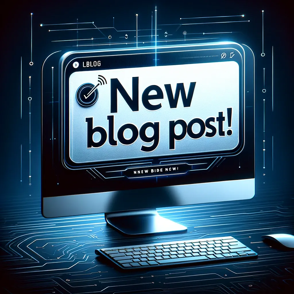 A stylized computer screen with a "New blog post!" popup, set against a sleek, digitally-inspired abstract background