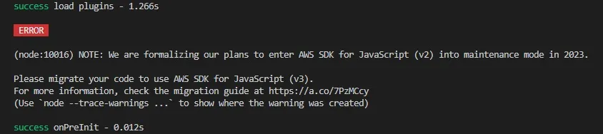 Error message indicating AWS SDK for JavaScript (v2) will be entering maintenance mode in 2023