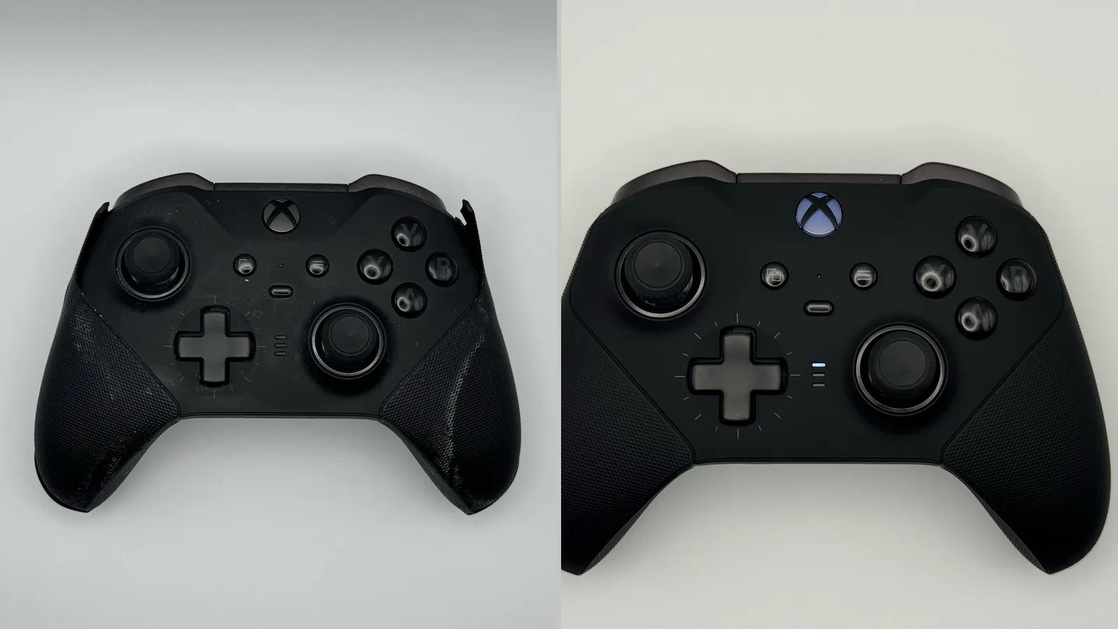 Before-and-after comparison of an Xbox Elite Wireless Controller Series 2 with its original and replacement shells
