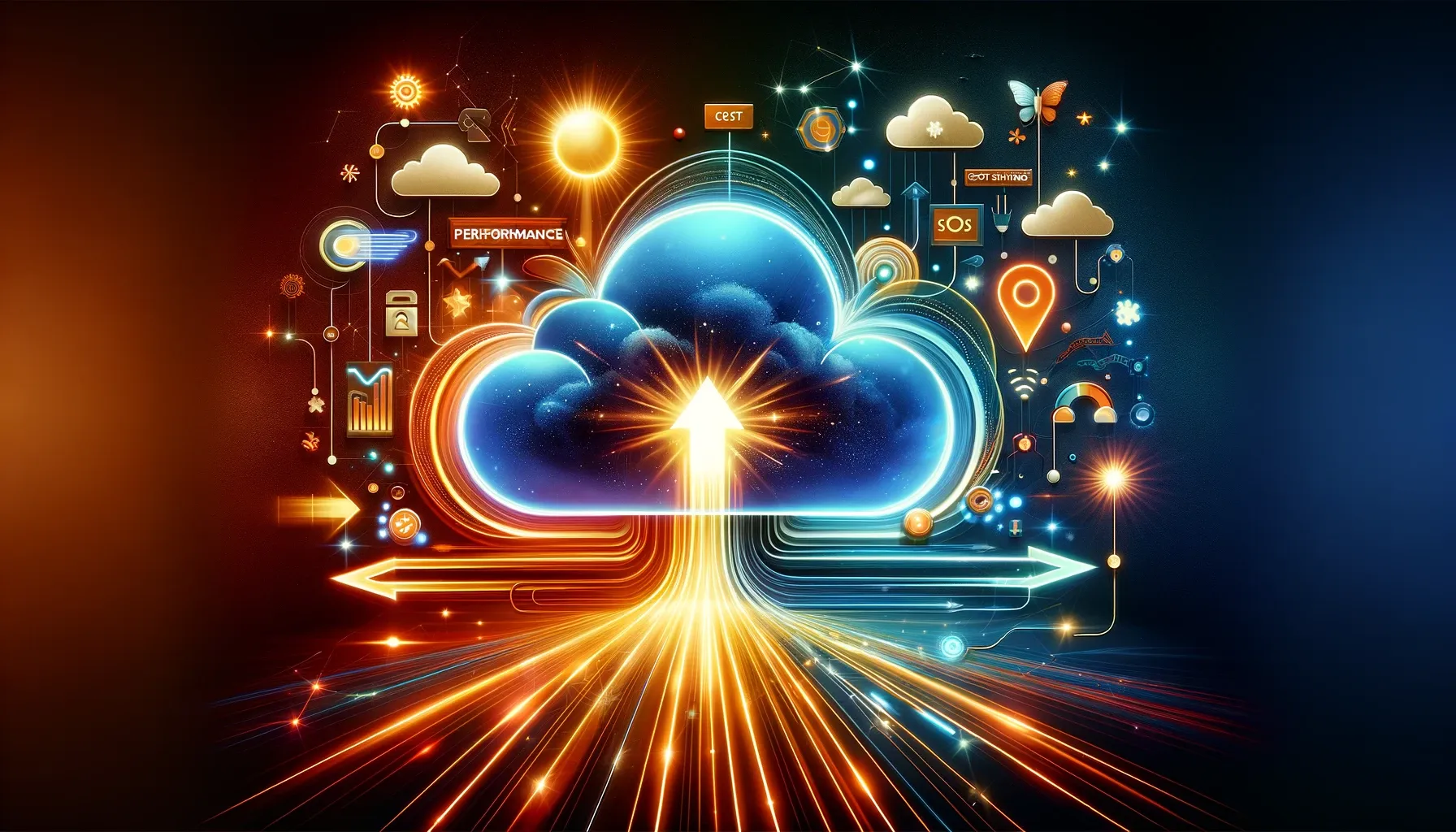 Arrows connecting a glowing cloud to a network grid on a colorful background.