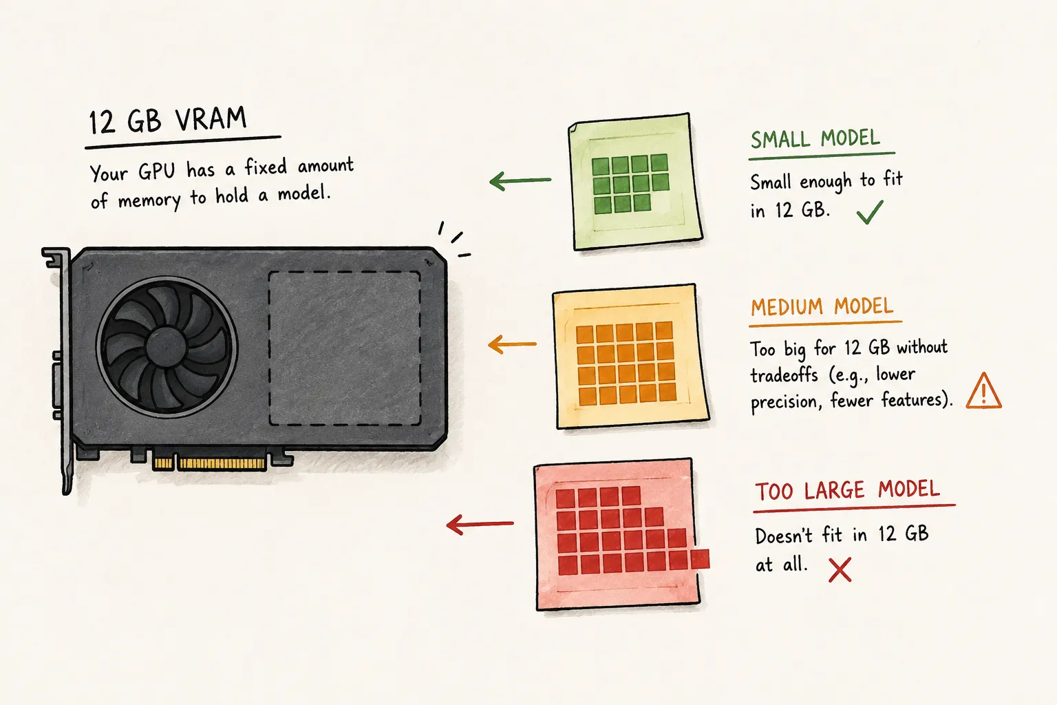 Illustration of small, medium, and oversized LLMs compared with a GPU’s 12 GB VRAM capacity.