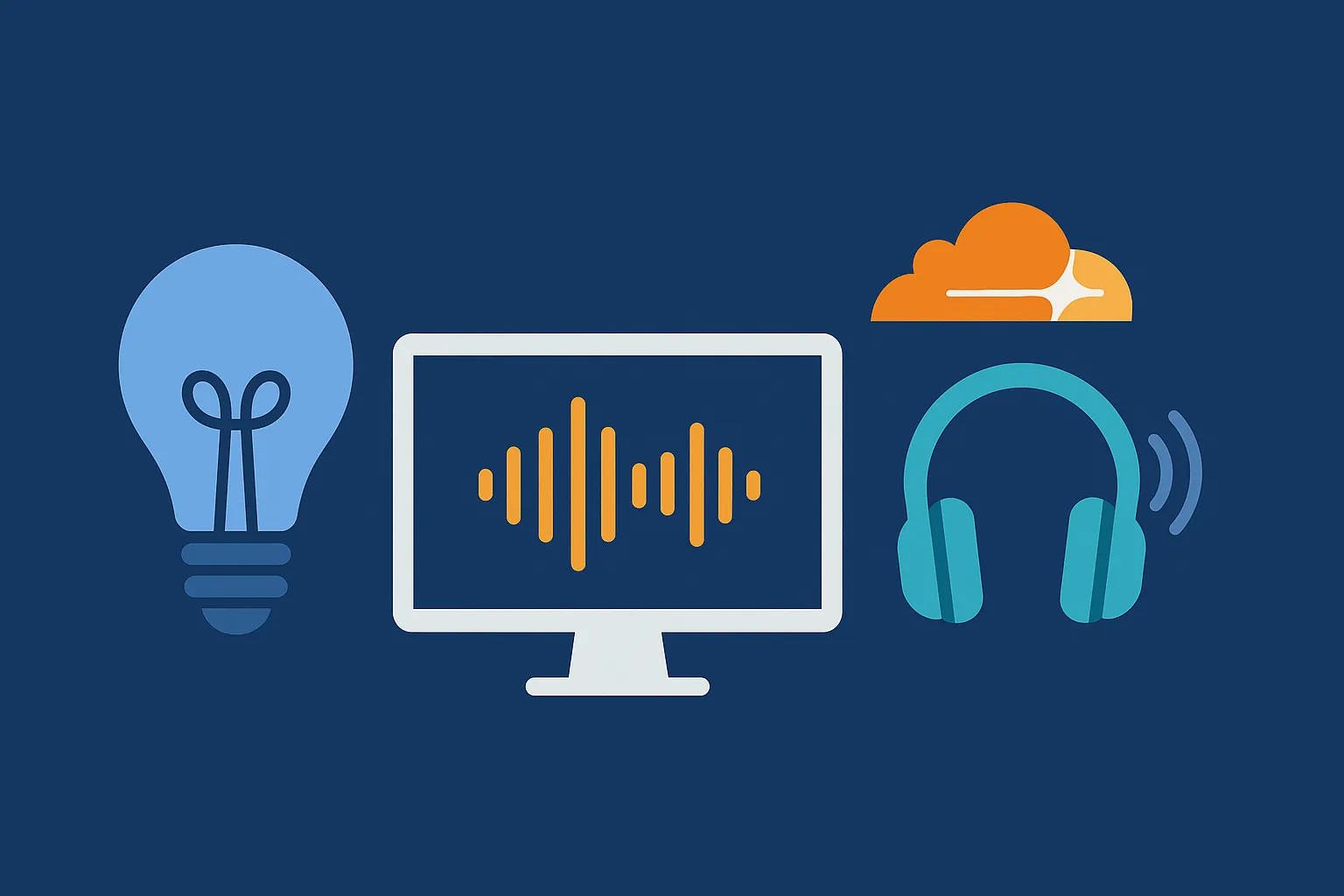 Illustration of a lightbulb, monitor, Cloudflare logo, and headphones on a dark blue background.