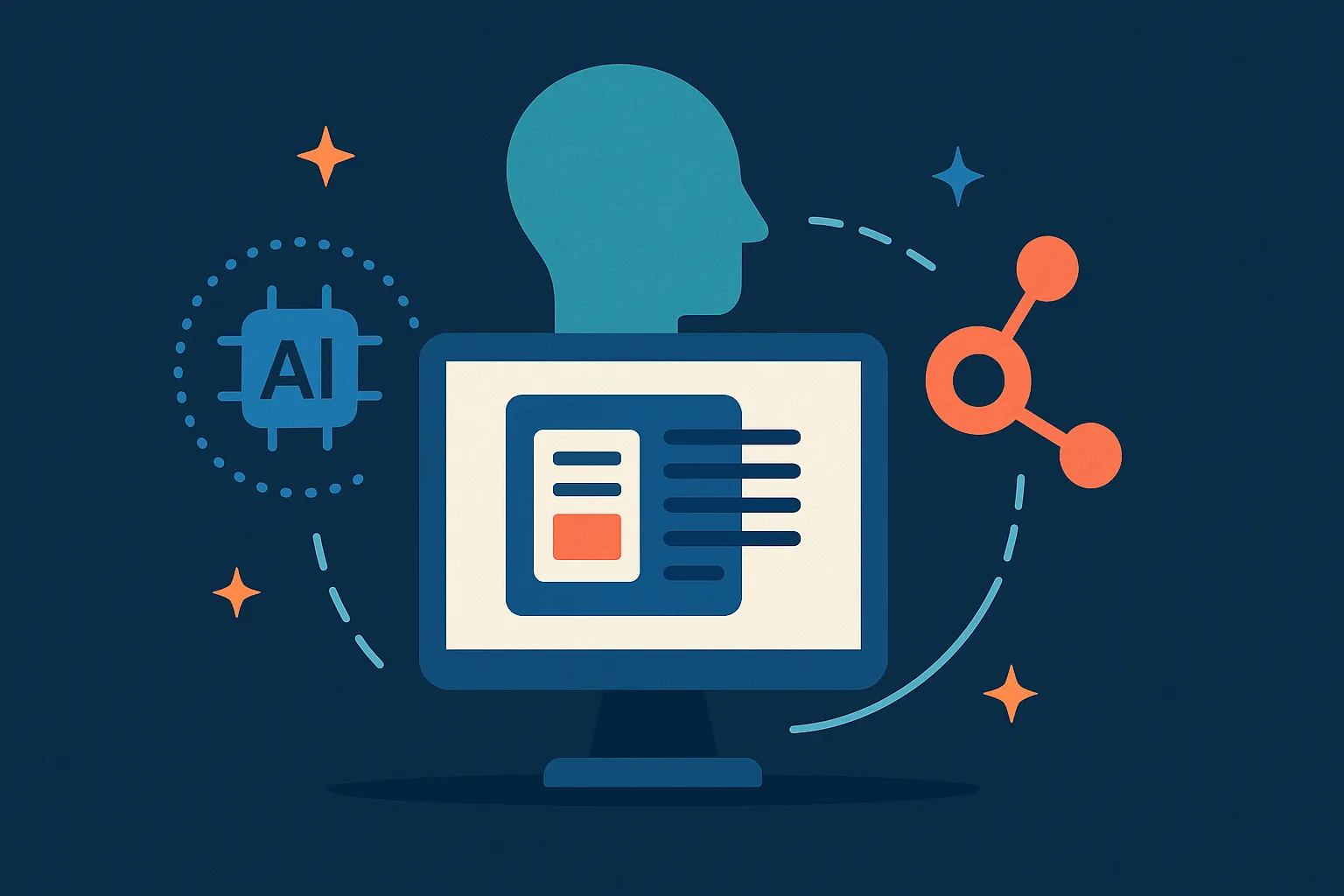 Illustration of a blog post on a monitor with AI and network icons on a dark background.