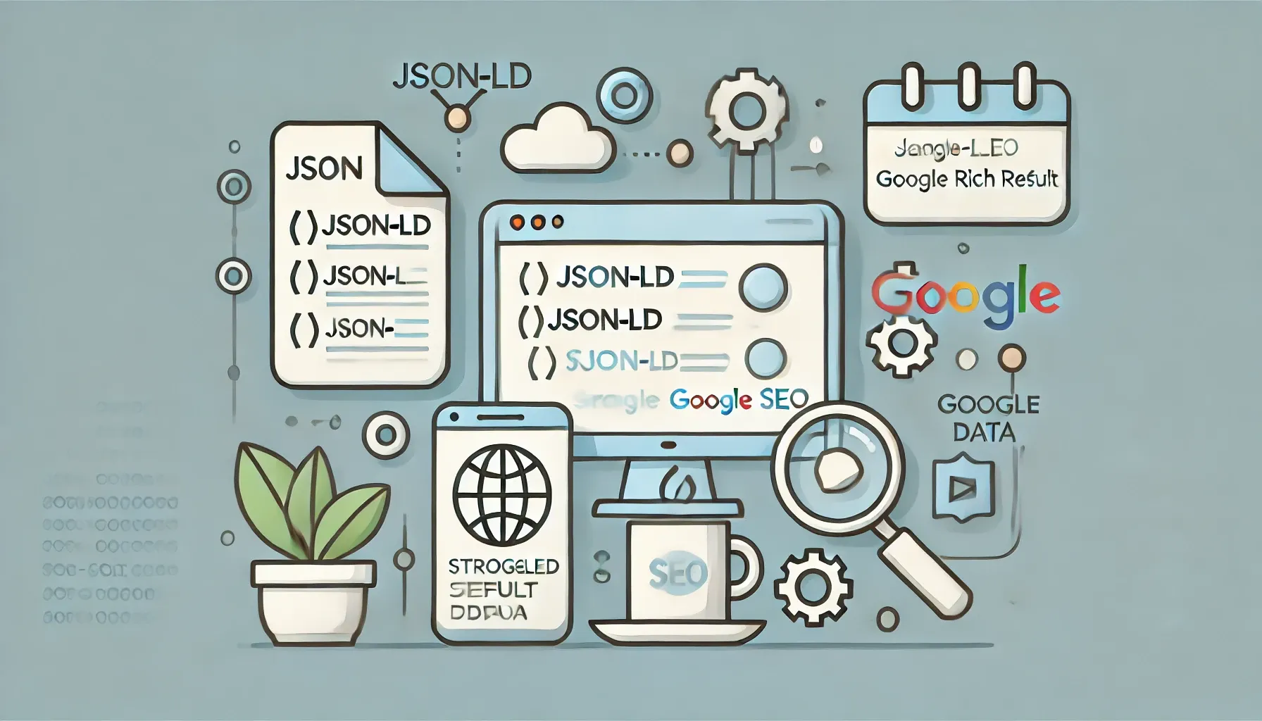 Illustration of structured data integration with JSON-LD, showing icons representing rich results in Google Search