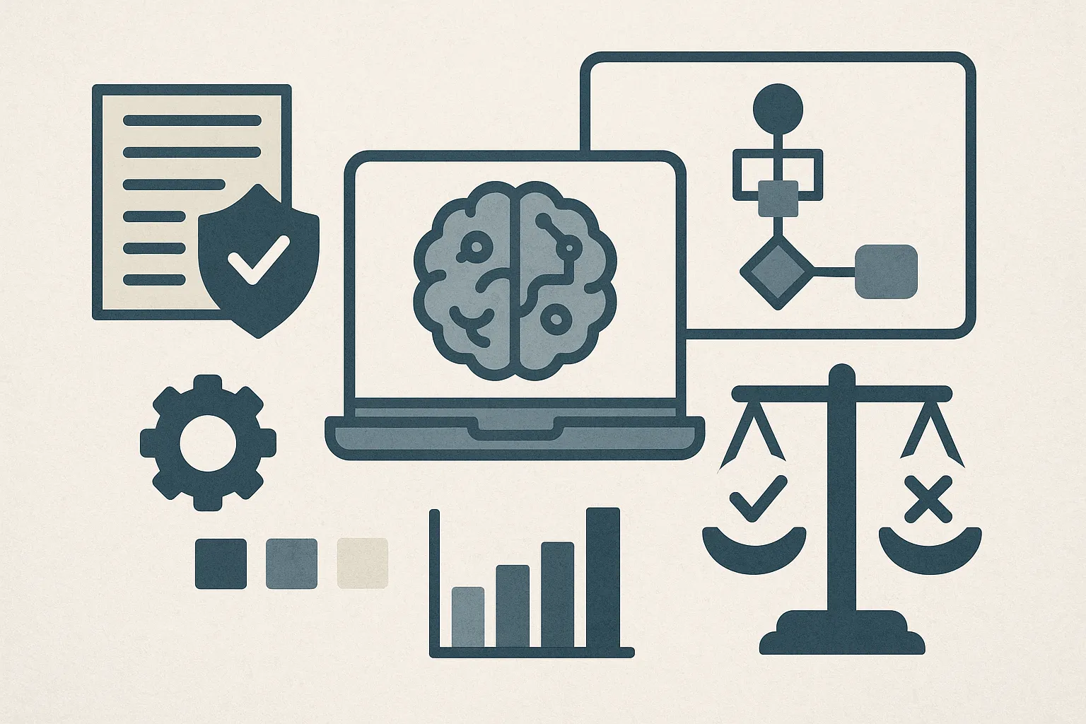 Illustration of AI evaluation icons including brain, checklist, flowchart, balance scale, gear, and chart.