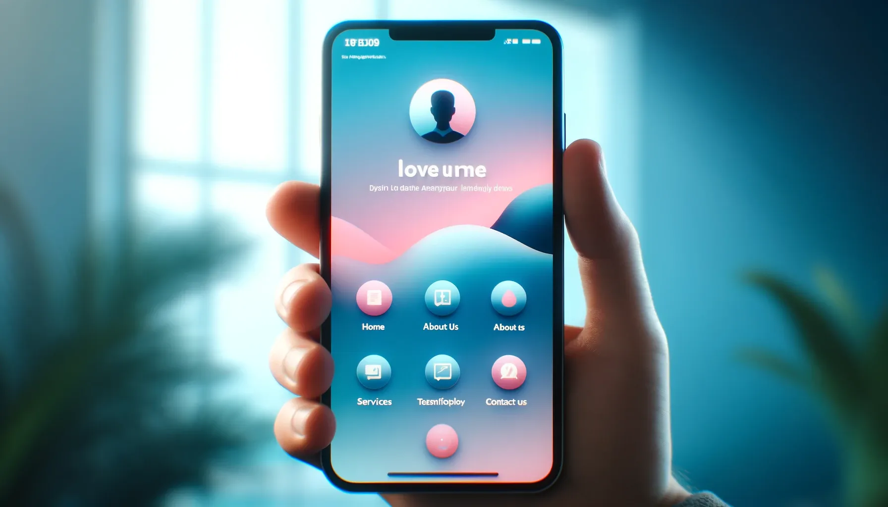 A smartphone displaying a gradient social media landing page with navigation buttons