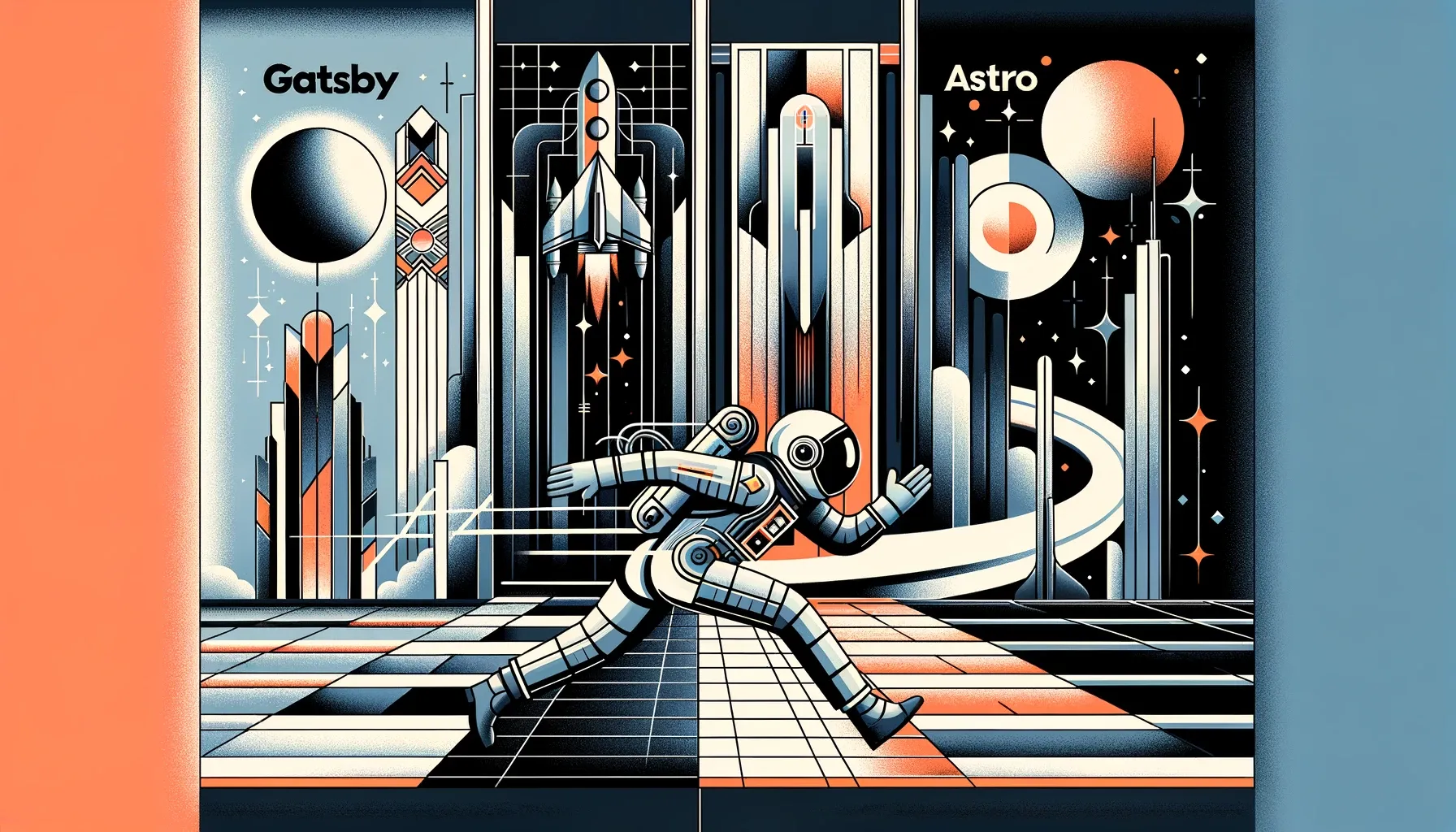 Astronaut sprinting from the land of Gatsby to the land of Astro
