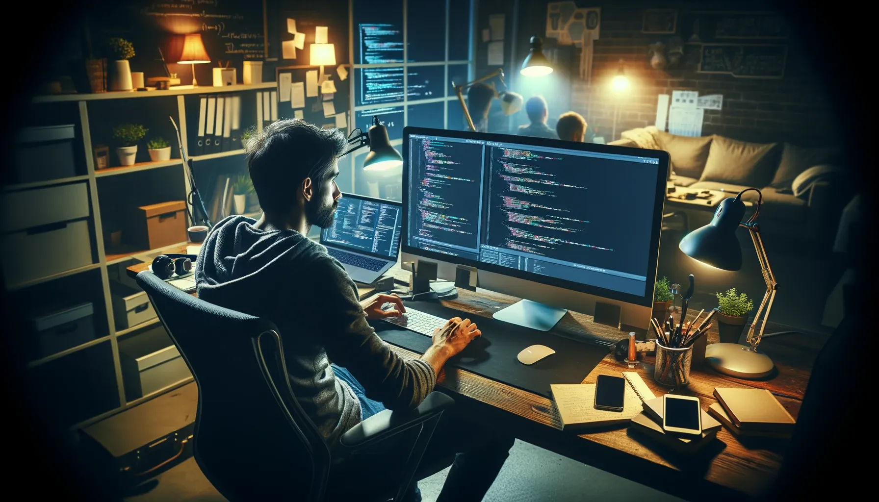 Developer coding on a laptop in a gadget-filled, dimly lit room