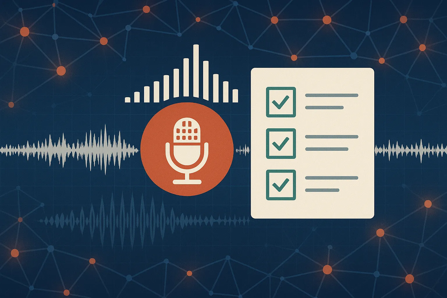 Audio waveform and test checklist over a neural network grid, representing validated AI-generated podcasts.