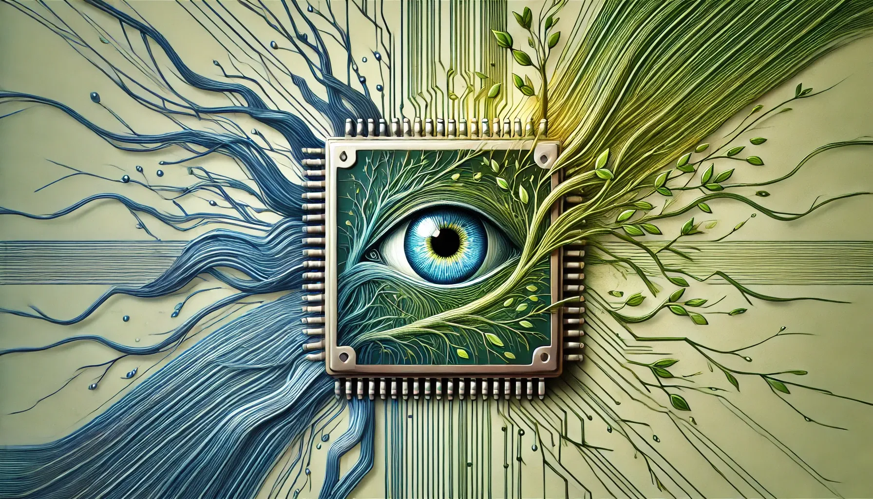 Eye in a computer chip with wires turning into branches.