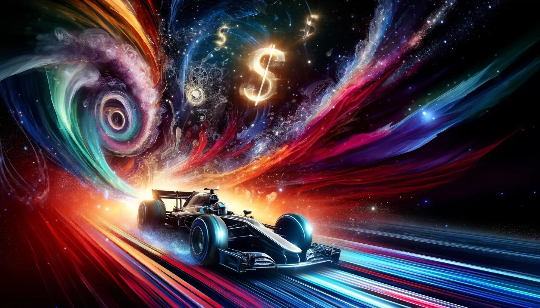 Race car tear through space with cosmic swirls and currency